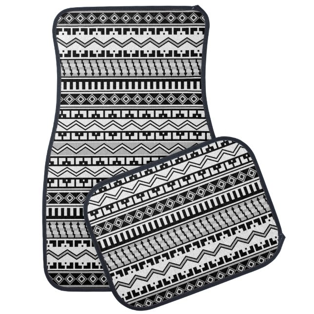 Southwestern Black and White Geometric Patterns Car Floor Mat (Set)