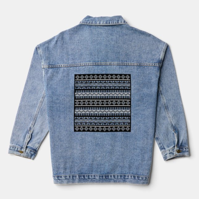 Southwestern Black and White Geometric Patterns Denim Jacket (Back)