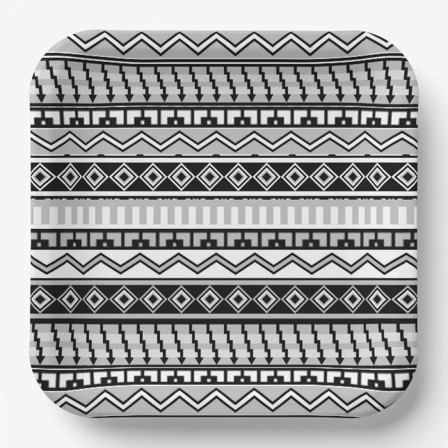 Southwestern Black and White Geometric Patterns Paper Plates (Front)