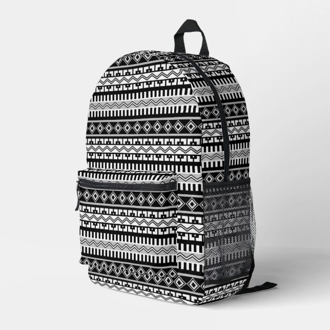 Southwestern Black and White Geometric Patterns Printed Backpack (Back Corner Right)