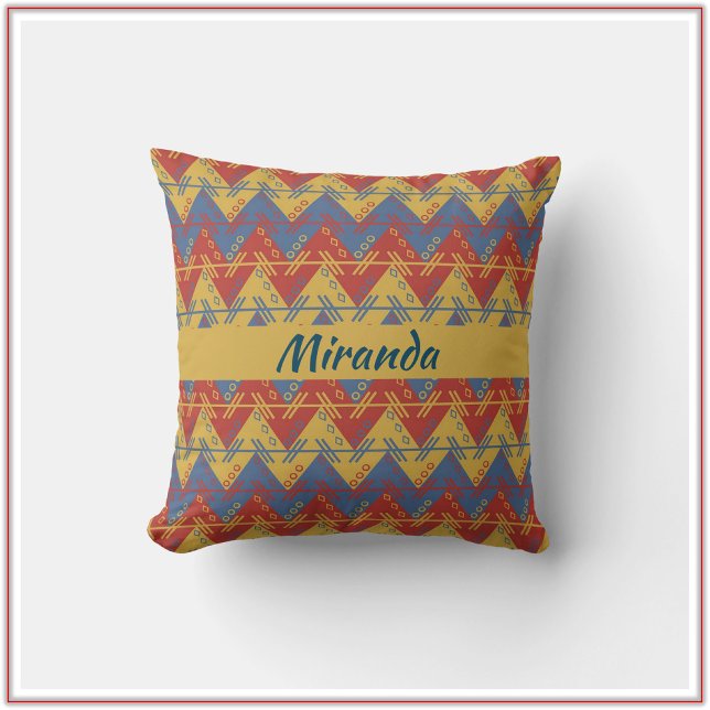 Southwestern Boho Blue Red and Gold Throw Pillow (Creator Uploaded)