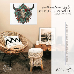 Southwestern Boho Design Bull Skull 20”x16”  Acrylic Print