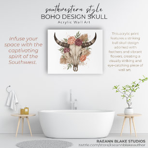 Southwestern Boho Design Bull Skull 20”x16”  Acrylic Print