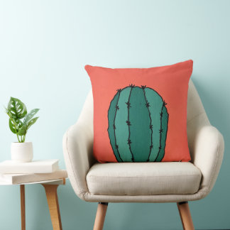 Southwestern Cactus Coral Background Throw Pillow