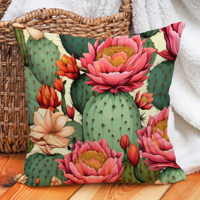 Southwestern Cactus Succulent Desert Botanical Throw Pillow (Pink floral and cactus pillow)
