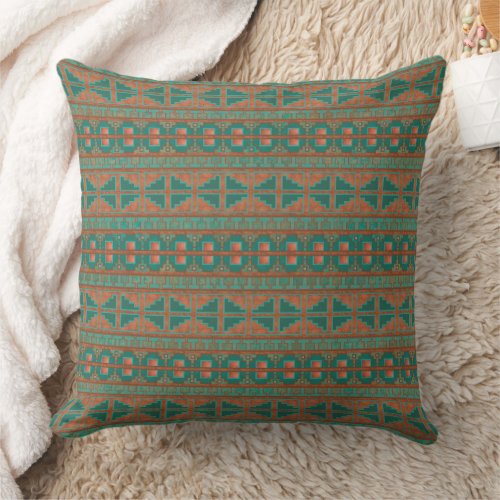 Southwestern Copper Teal Geometric Pattern 20in Throw Pillow