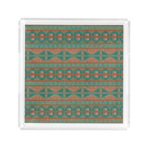 Southwestern Copper Teal Geometric Pattern Acrylic Tray