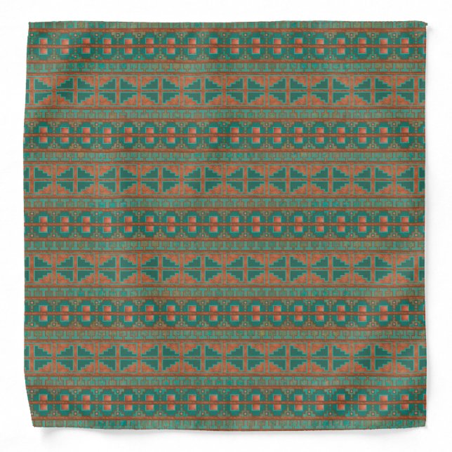 Southwestern Copper Teal Geometric Pattern Bandana (Front)