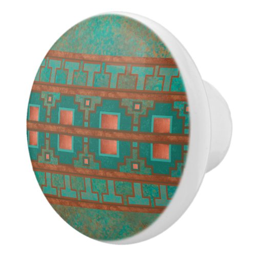 Southwestern Copper Teal Geometric Pattern Ceramic Knob