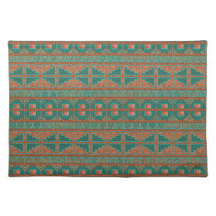 Southwestern Copper Teal Geometric Pattern Cloth Placemat
