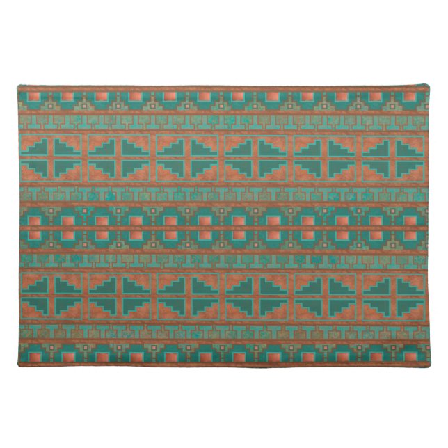 Southwestern Copper Teal Geometric Pattern Cloth Placemat (Front)