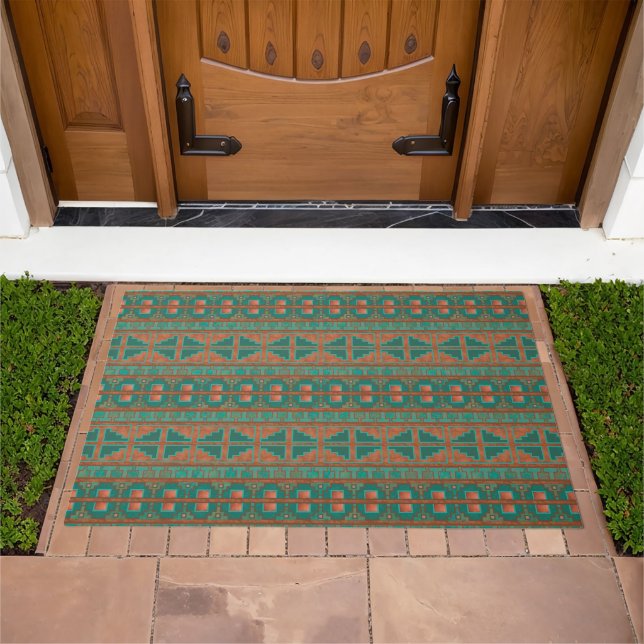 Southwestern Copper Teal Geometric Pattern Doormat (Outdoor)