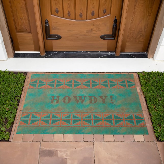 Southwestern Copper Teal Geometric Pattern Doormat (Outdoor)