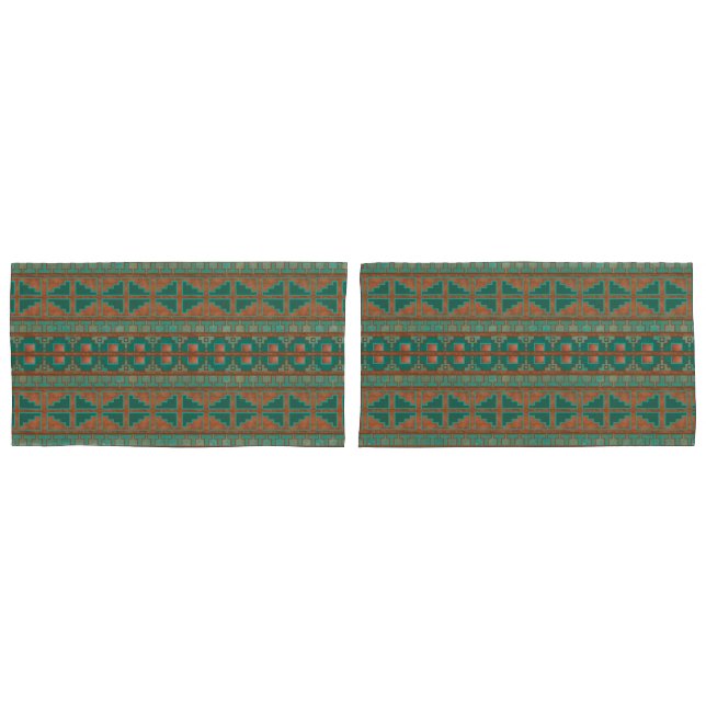 Southwestern Copper Teal Geometric Pattern King Pillow Case (Front-Set)