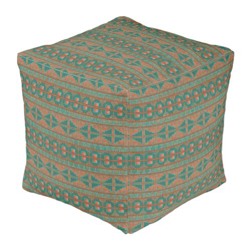 Southwestern Copper Teal Geometric Pattern Large Pouf