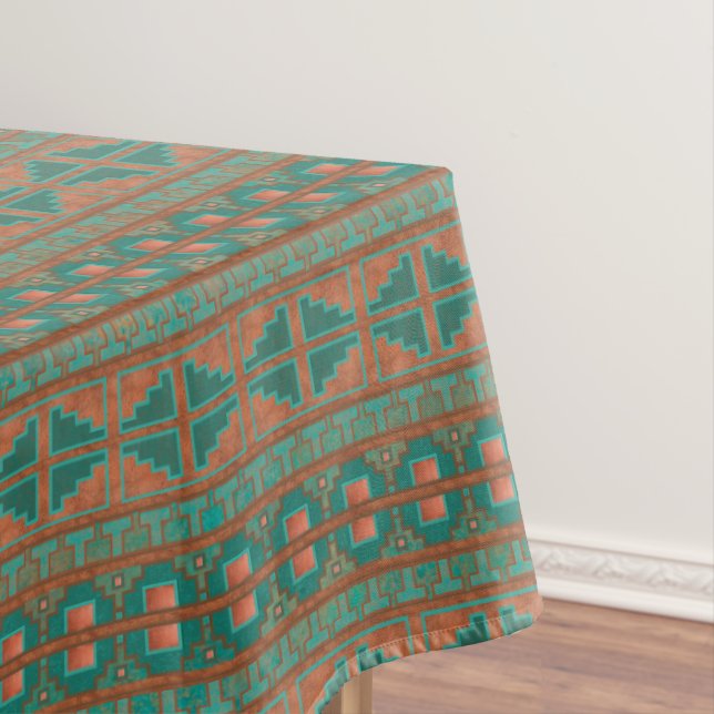 Southwestern Copper Teal Geometric Pattern Large Tablecloth (In Situ)