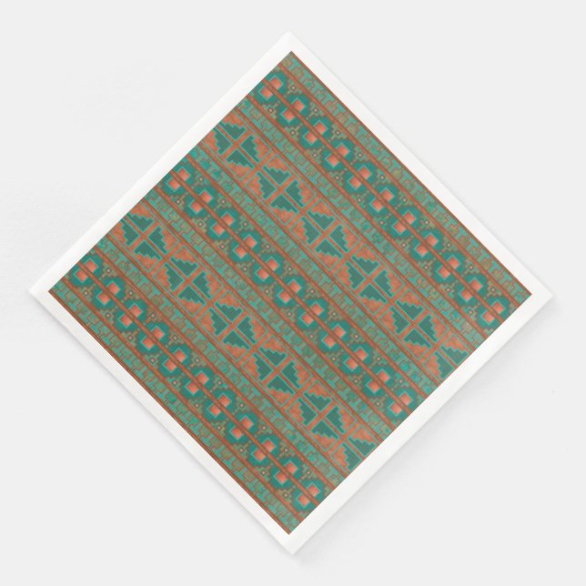 Southwestern Copper Teal Geometric Pattern Paper Dinner Napkins (Corner)