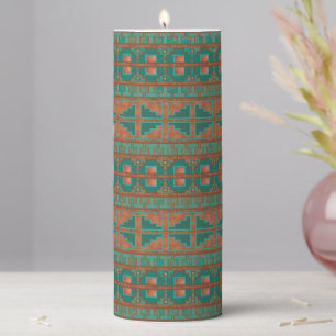 Southwestern Copper Teal Geometric Pattern Pillar Candle