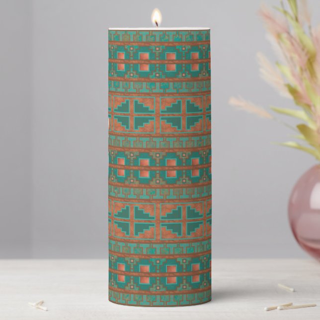 Southwestern Copper Teal Geometric Pattern Pillar Candle (In Situ)