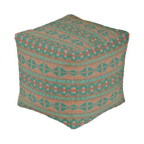 Southwestern Copper Teal Geometric Pattern Pouf