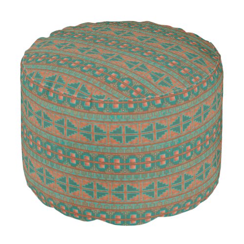 Southwestern Copper Teal Geometric Pattern Round Pouf