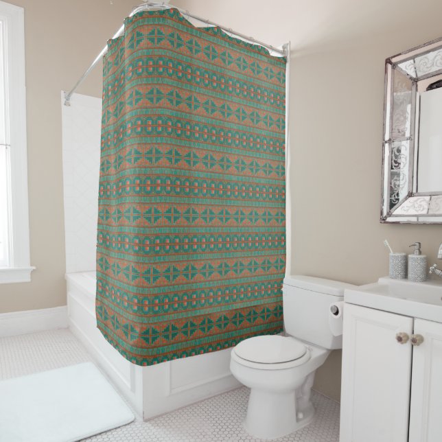 Southwestern Copper Teal Geometric Pattern Shower Curtain (In Situ)