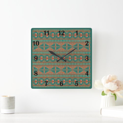 Southwestern Copper Teal Geometric Regular Numbers Square Wall Clock