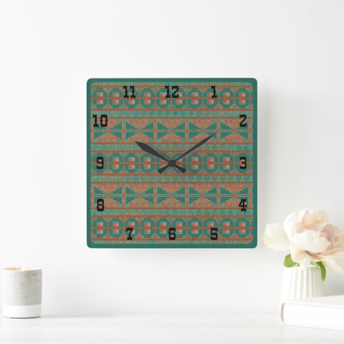 Southwestern Copper Teal Geometric Western Numbers Square Wall Clock