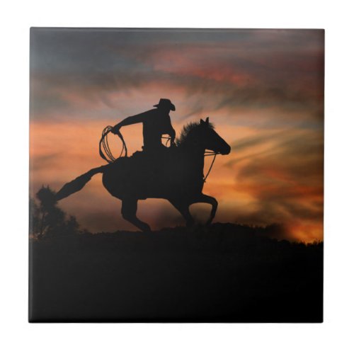 Southwestern Cowboy and Horse In the Sunset Ceramic Tile