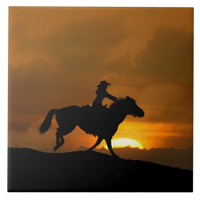 Southwestern Cowgirl Galloping Horse in Sunset Ceramic Tile (Front)