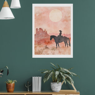 Southwestern Cowgirl Silhouette Desert Sun Artwork Poster