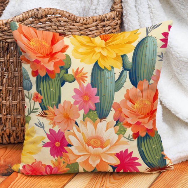 Southwestern Desert Cactus Orange Yellow Green Throw Pillow (Cactus and colorful yellow and orange flowers pillow)