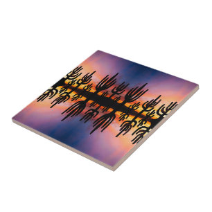 Southwestern Desert Landscape Cactus Sunrise Image Ceramic Tile