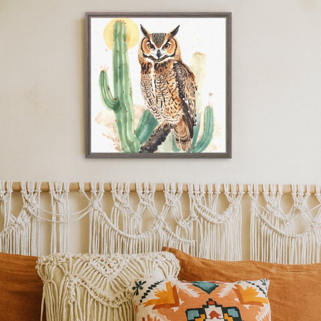 Southwestern Desert Owl with Saguaro Cactus Canvas Print (owl with saguaro cactus canvas print wall art)