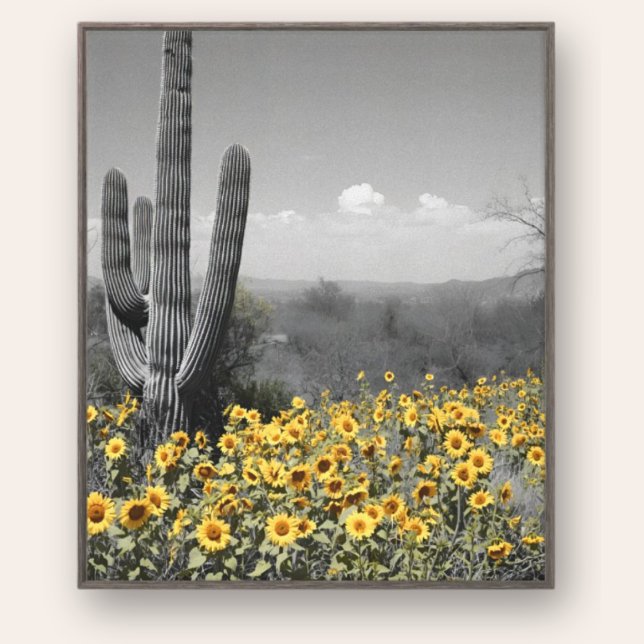 Southwestern Desert Saguaro Cactus and Sunflowers Canvas Print (Selective color photography saguaro cactus with sunflowers)