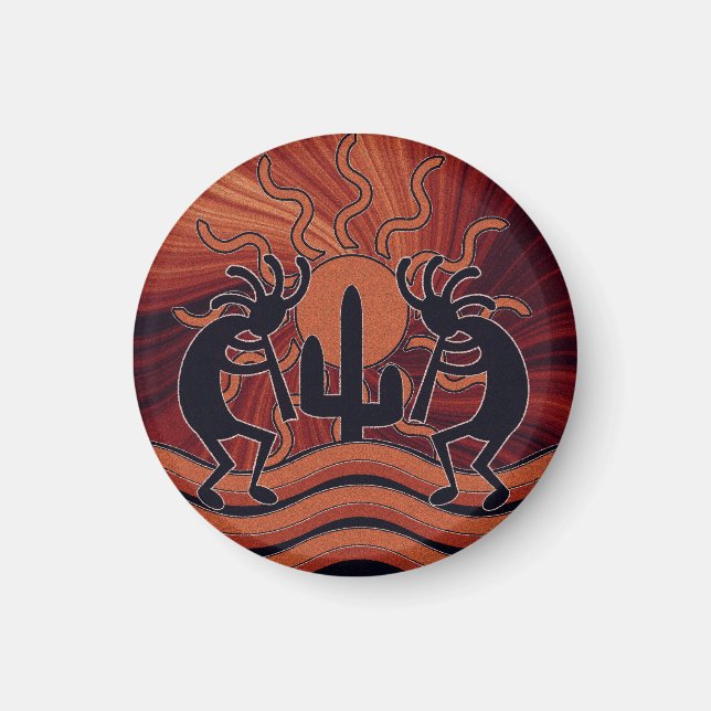 Southwestern Desert Sunset Cactus Kokopelli Magnet (Front)