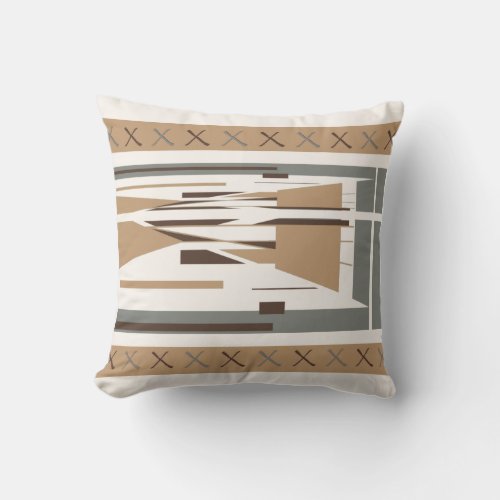 Southwestern Design in Tan Gray  Brown with Border Throw Pillow