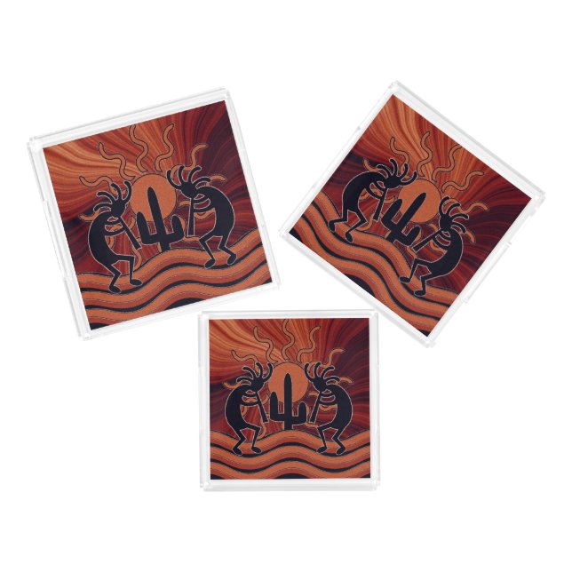Southwestern Design Kokopelli Desert Sun Cactus Acrylic Tray (Set)