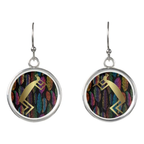 Southwestern Feathers Gold Kokopelli Earrings