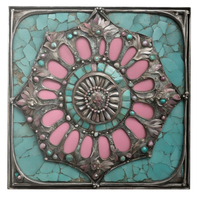 Southwestern Floral Gemstone Medallion Design Ceramic Tile (Front)