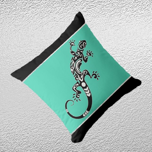 Southwestern Gecko Sea Green and Black Throw Pillow (Creator Uploaded)