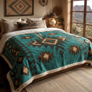 Southwestern Geometric Turquoise Brown Aztec Style Sherpa Blanket