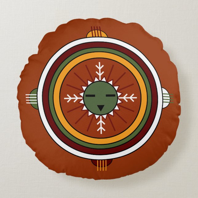 Southwestern Hopi Native American Tribal Sun Face Round Pillow (Front)