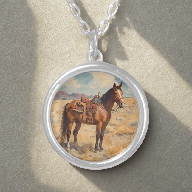 Southwestern Horse in Desert Landscape Silver Plated Necklace (Southwestern horse silver necklace)