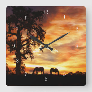 Southwestern Horses and Oak Tree Square Wall Clock