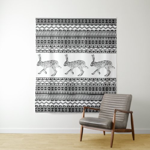 Southwestern Jackrabbit Black and White Geometric Tapestry