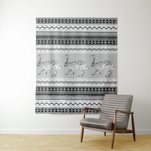 Southwestern Jackrabbit Black White Gray Geometric Tapestry