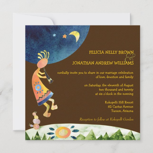 Southwestern Kokopelli Brown Tribal Wedding Invitation (Front)
