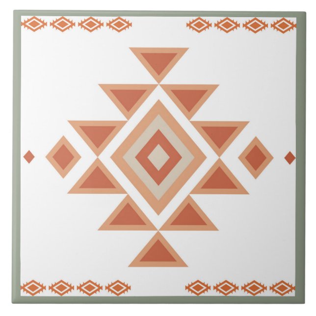 Southwestern Native Sage Green and Desert Orange Ceramic Tile (Front)