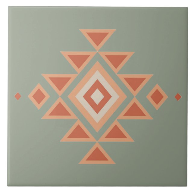Southwestern Native Sage Green and Desert Orange Ceramic Tile (Front)